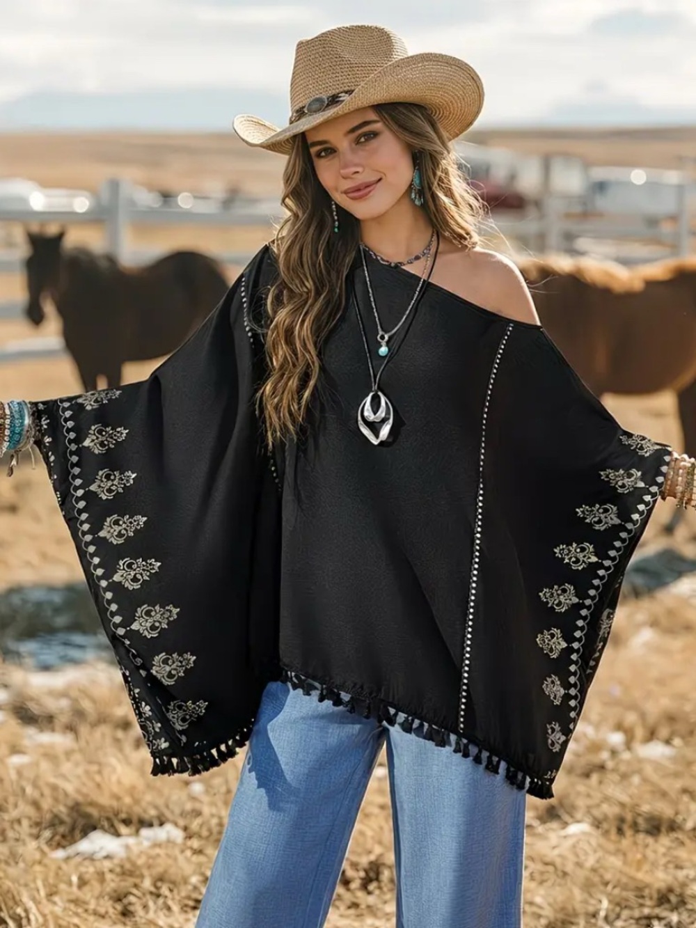Western Black Poncho with White Boho Print and Tassels